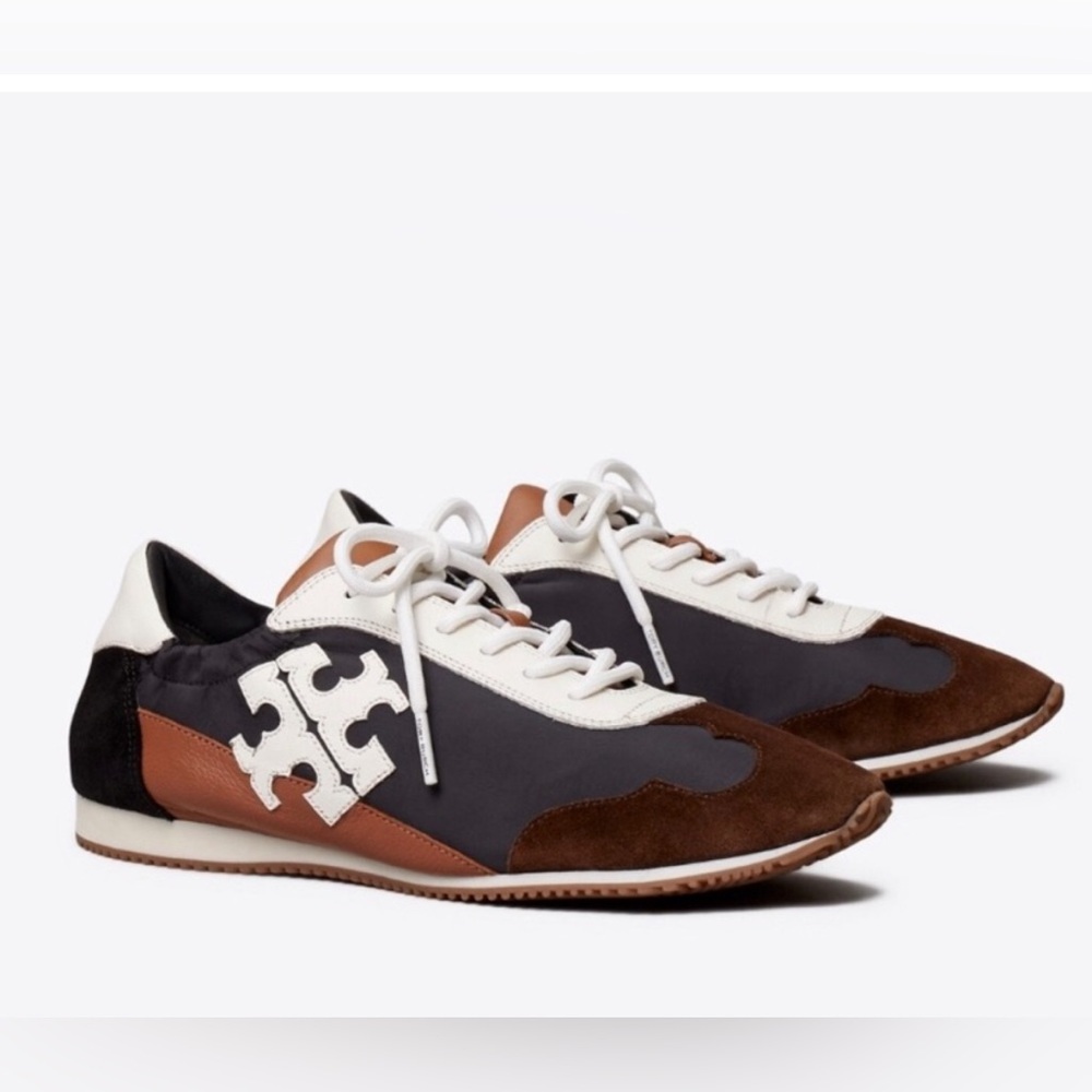 Tory Burch Panelled Logo Patch Sneakers  Black Brown White Suede Fabric Shoes 5